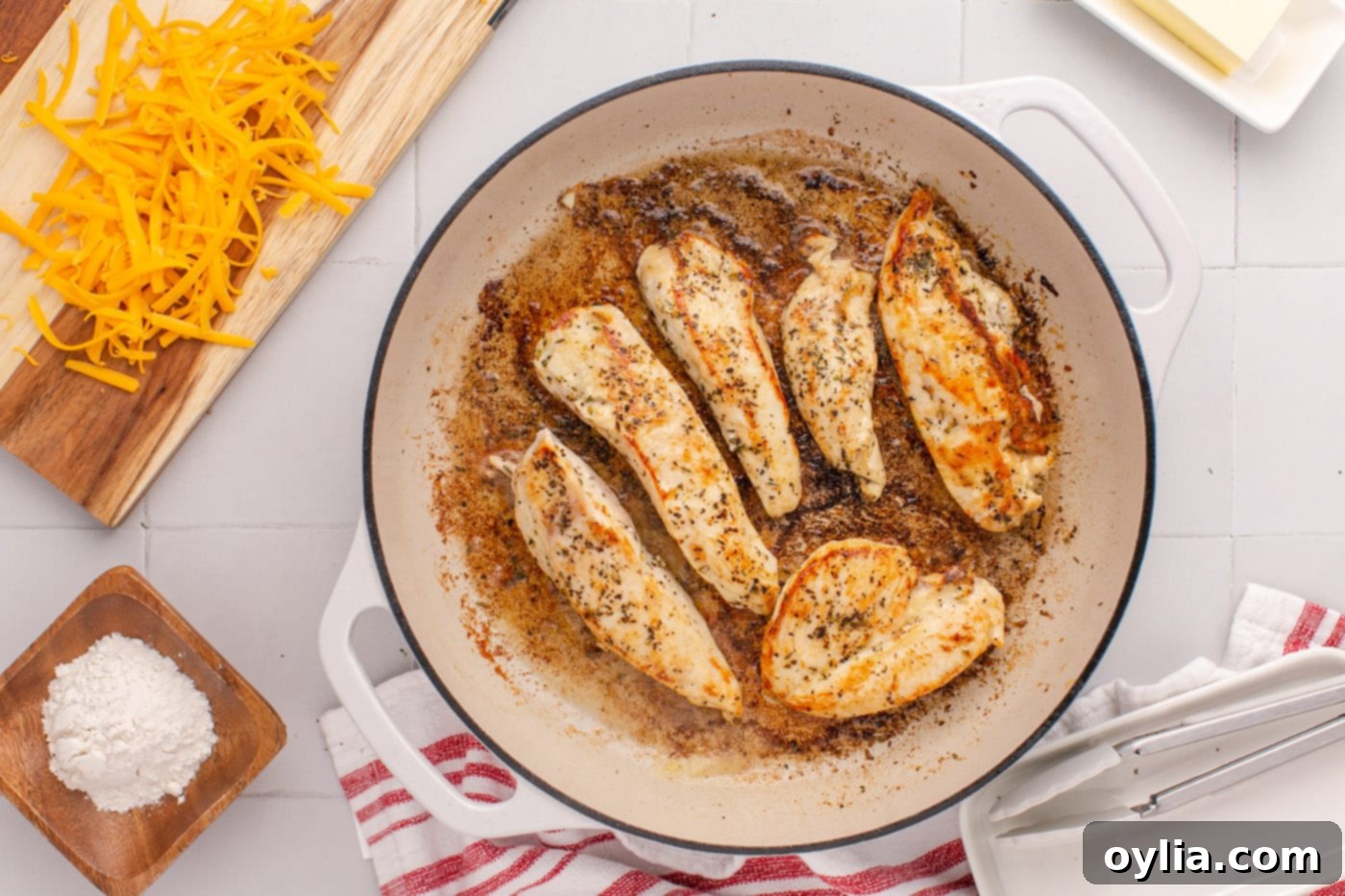 pan seared chicken breasts removed from skillet