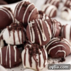 No-Bake Oreo Delights 16 Close up photo of Oreo Truffles, showcasing their tempting chocolate coating and decorations.