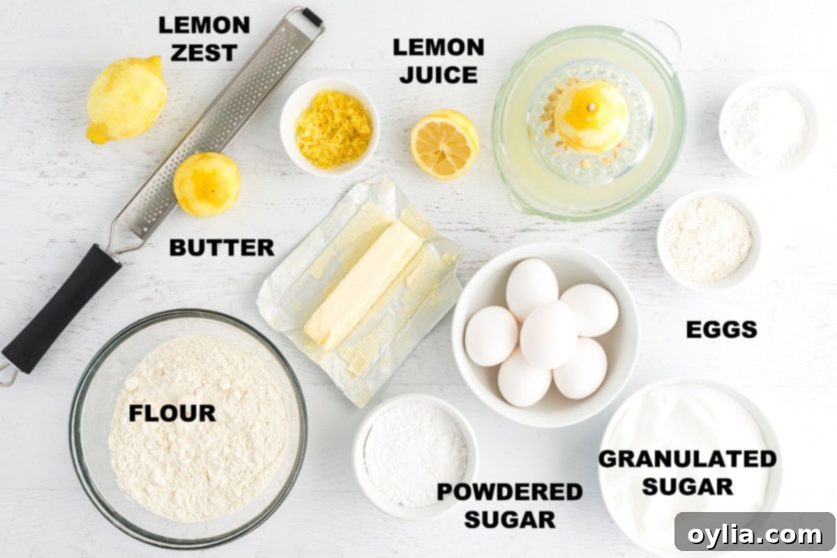 Labeled ingredients for making homemade lemon bars, including flour, sugar, butter, eggs, lemons, and powdered sugar.