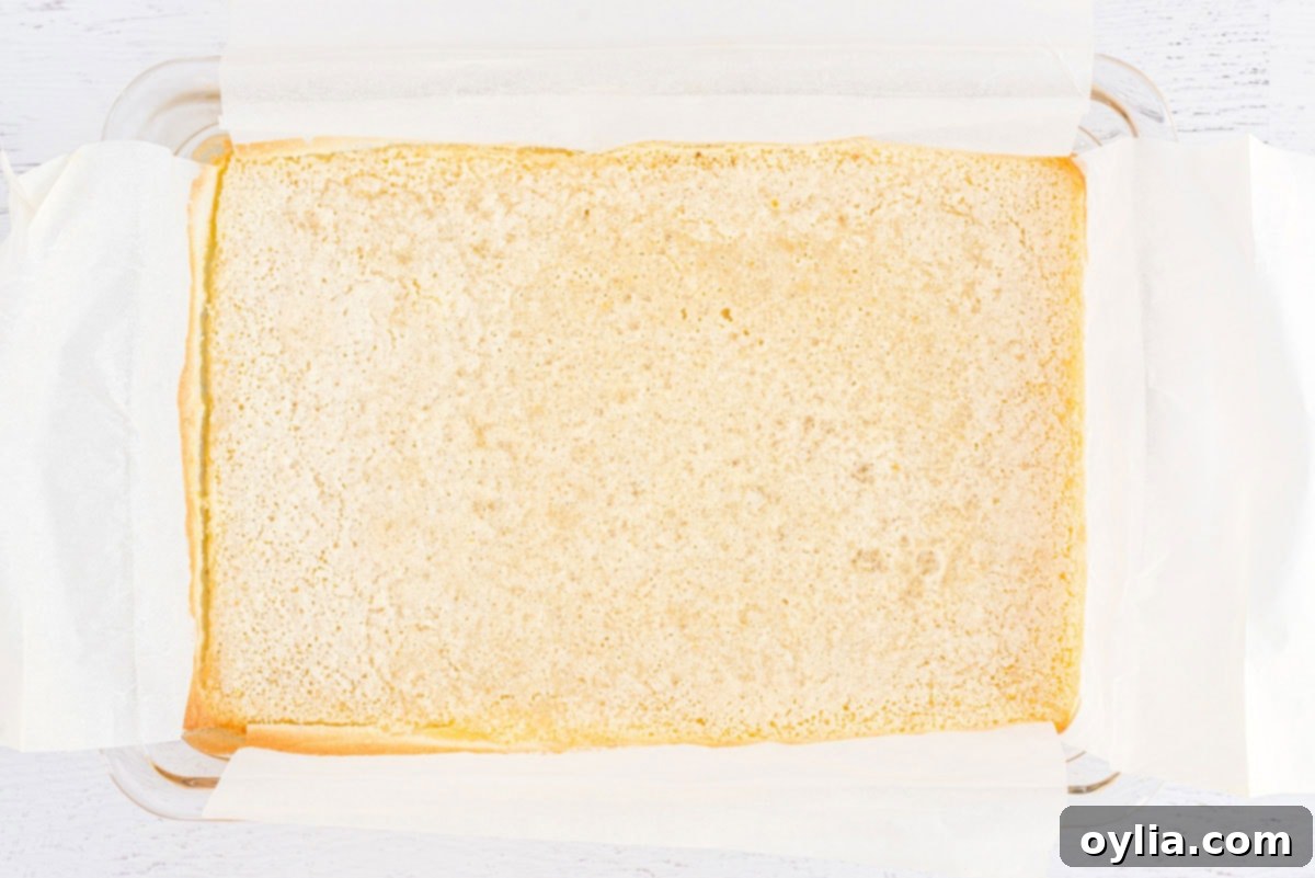Baked lemon bars with a golden crust and set lemon filling still in the baking pan.