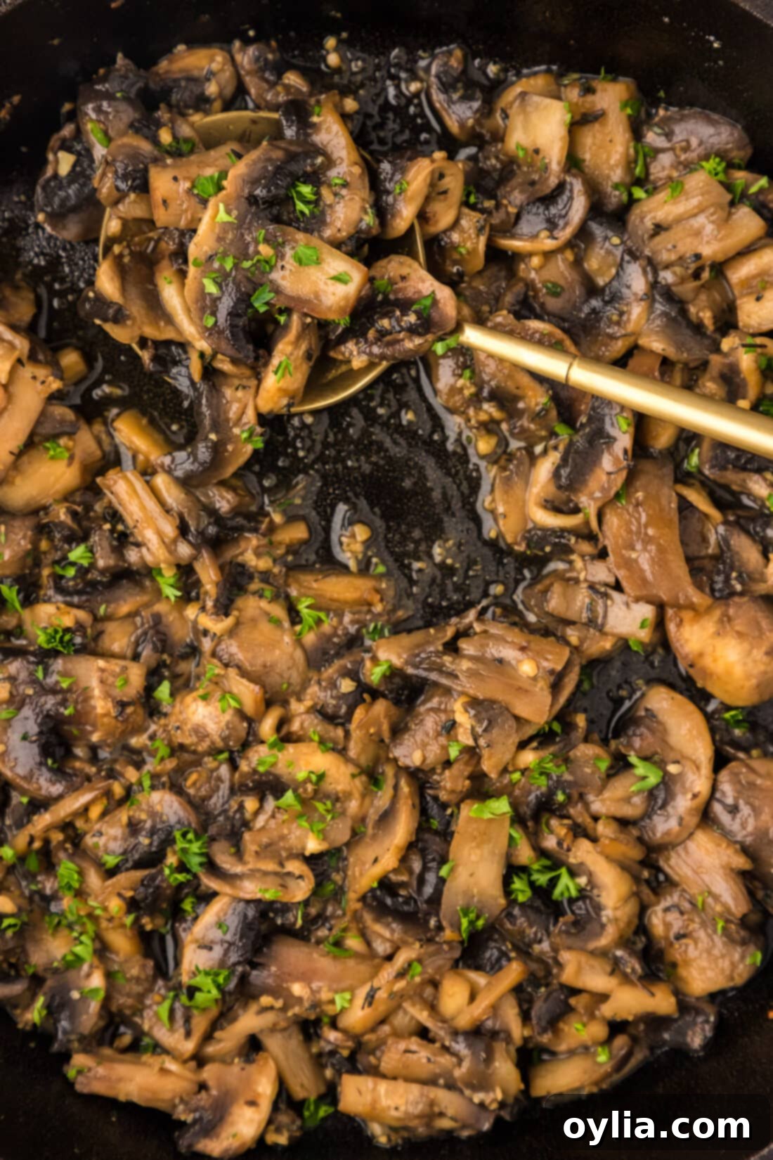 Savory Skillet Mushrooms 10 Close up photo of a skillet of Sautéed Mushrooms