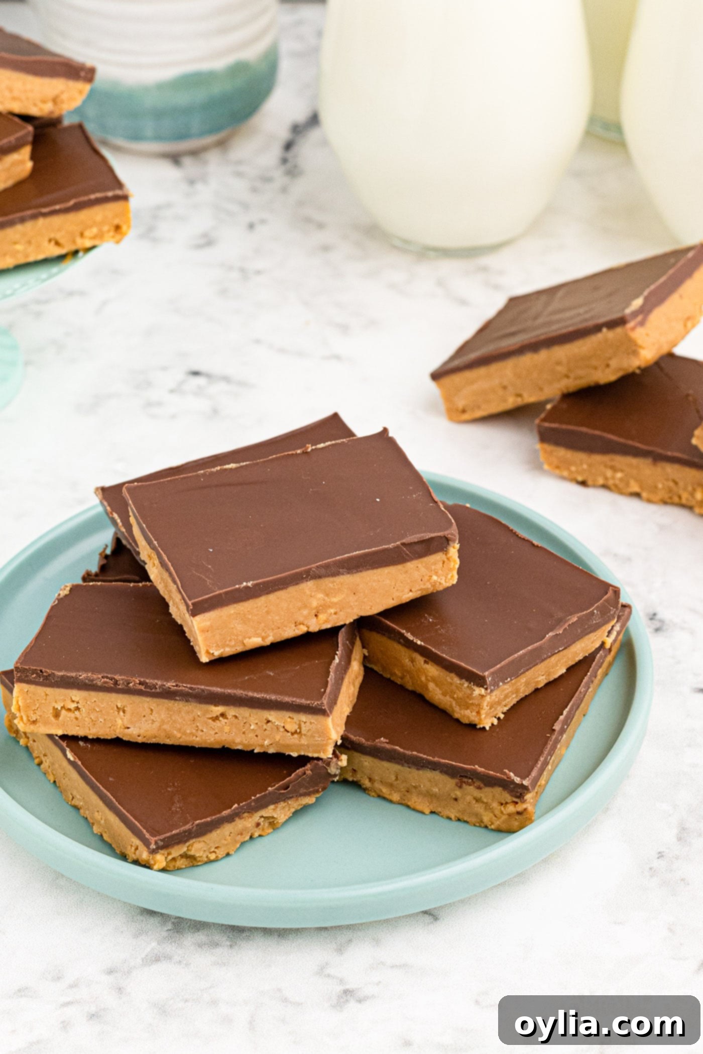 Stacked no-bake chocolate peanut butter bars on a white plate, showcasing their delicious layers and smooth topping.