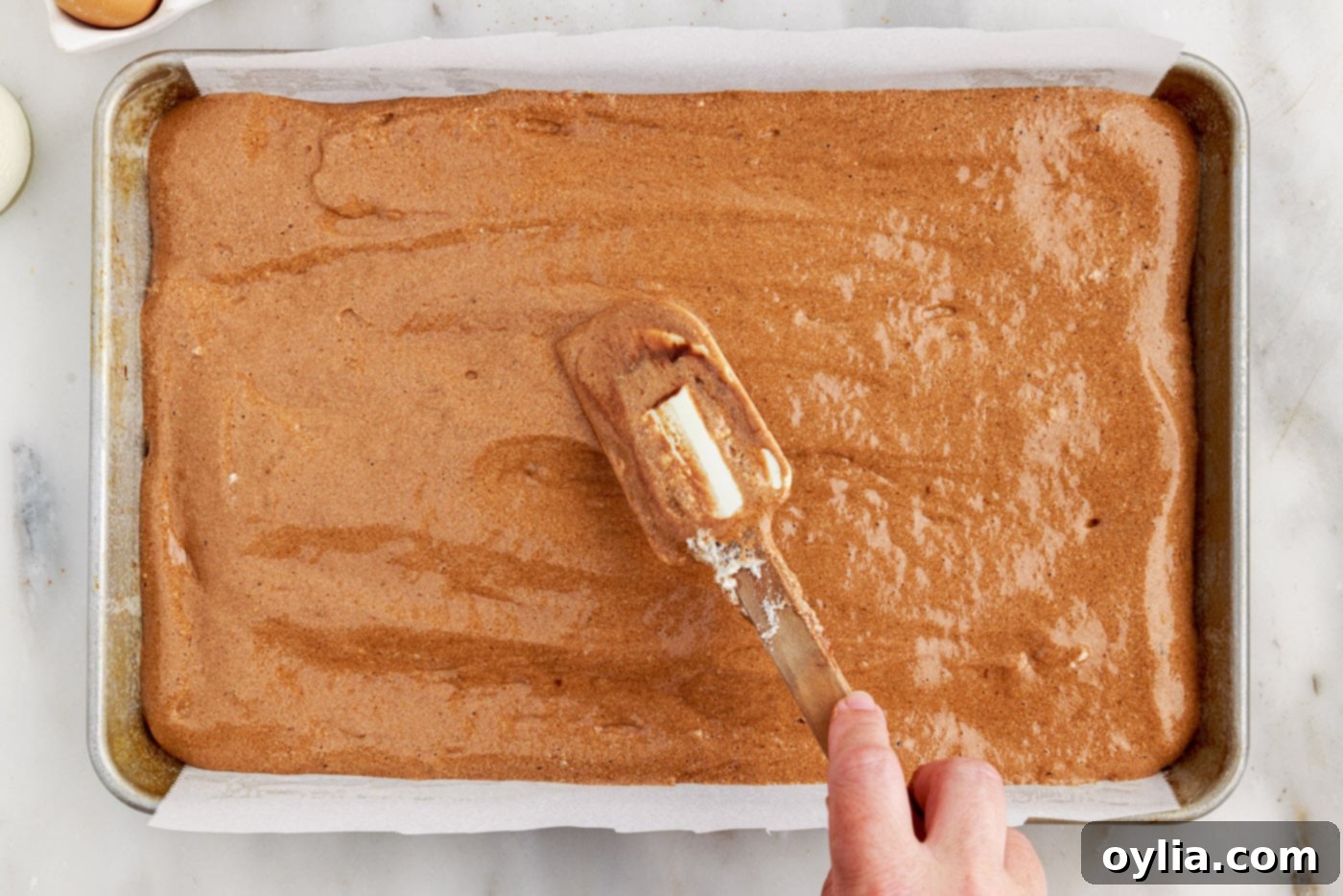 swiss log cake batter spread evenly in a jelly roll pan