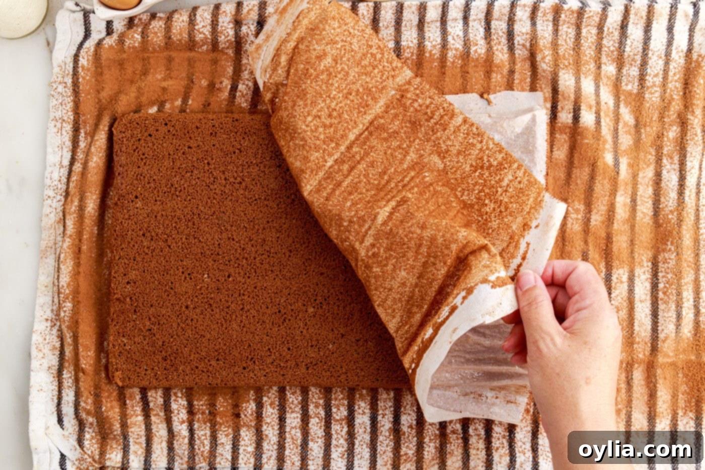 placing baked jelly roll cake upside down onto a cocoa-dusted tea towel