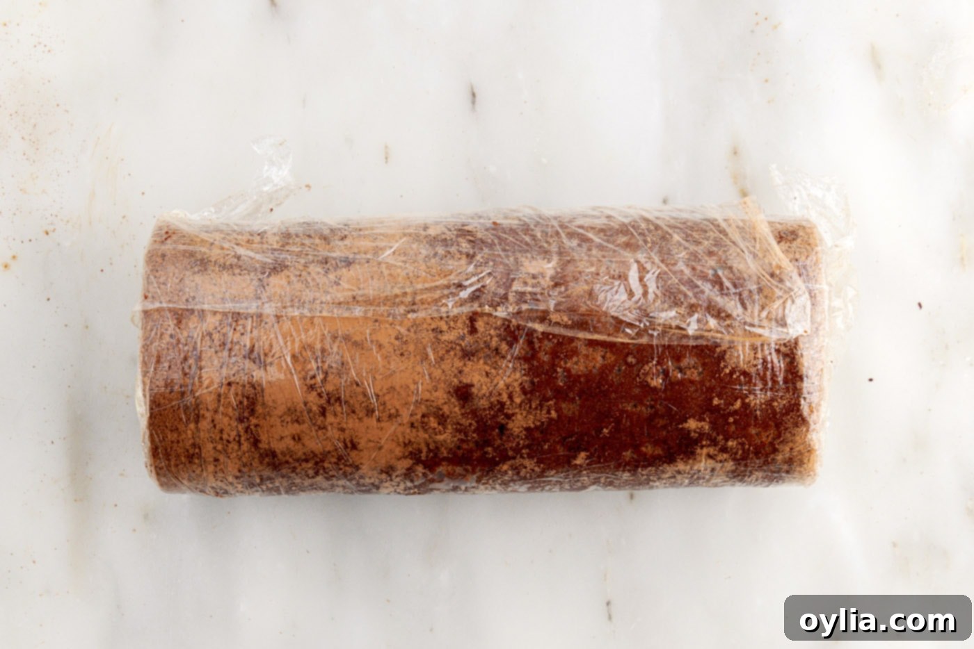 swiss roll wrapped tightly in plastic wrap to chill