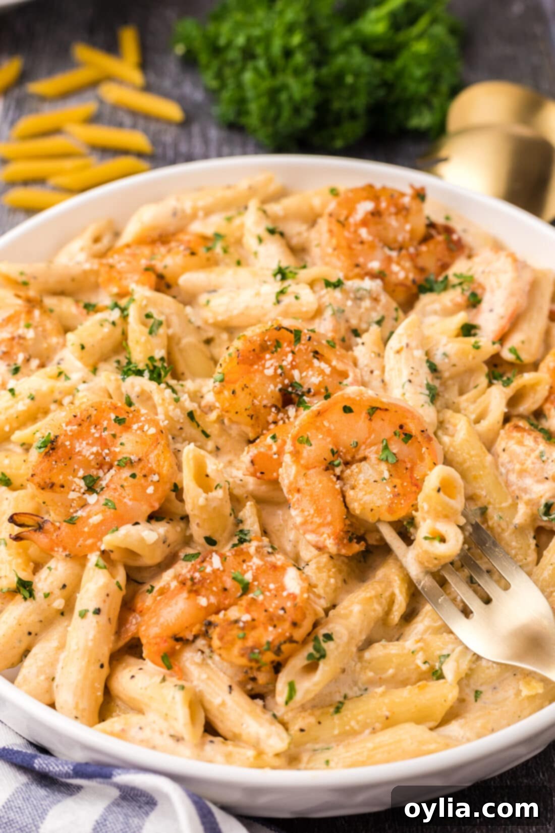 Close up photo of Cajun Shrimp Pasta with a fork