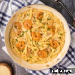 Overhead photo of Cajun Shrimp Pasta in a skillet