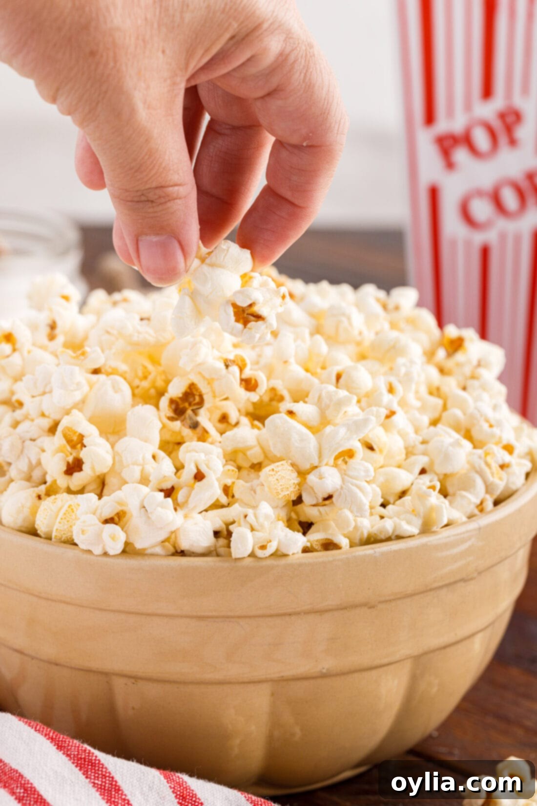 Hand grabbing Kettle Corn out of a bowl of Kettle Corn, showcasing its sweet and salty appeal.