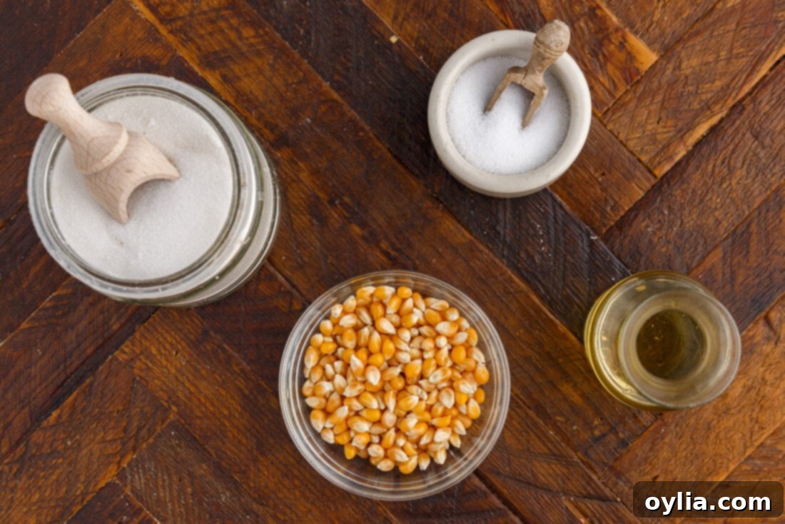 The four simple ingredients needed to make kettle corn: oil, corn kernels, sugar, and salt.