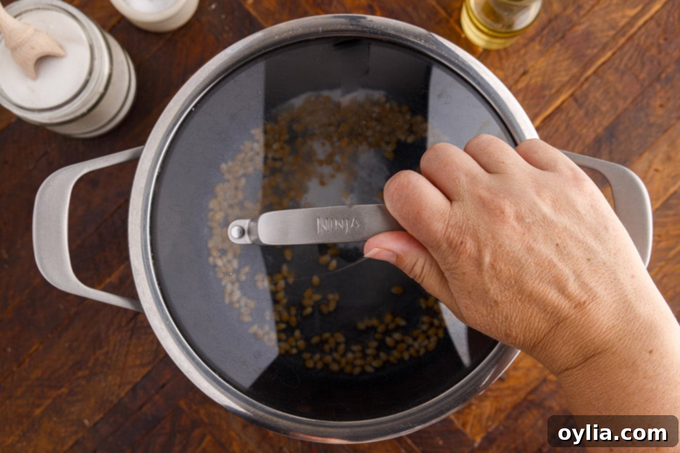 A tight-fitting lid placed over the pot of popcorn kernels, sugar, and salt.