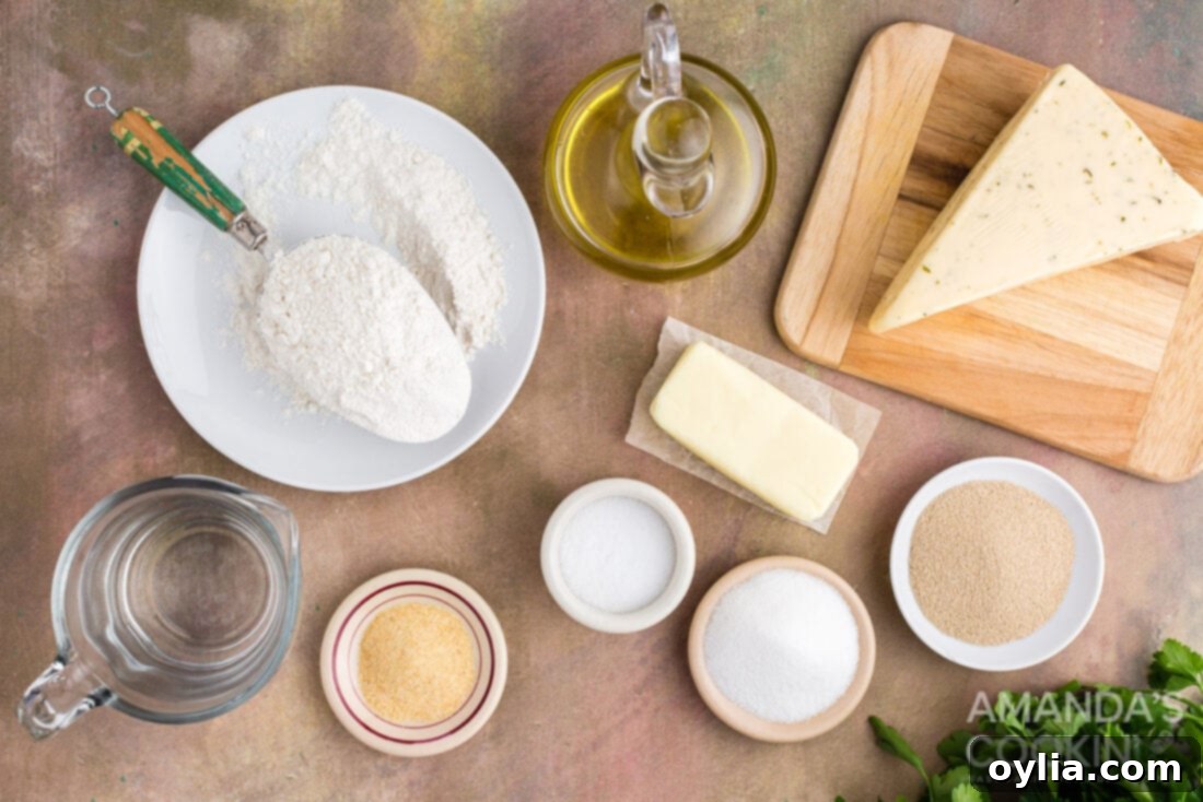 Golden Garlic Cheese Rolls 4 various ingredients laid out for making garlic cheese rolls
