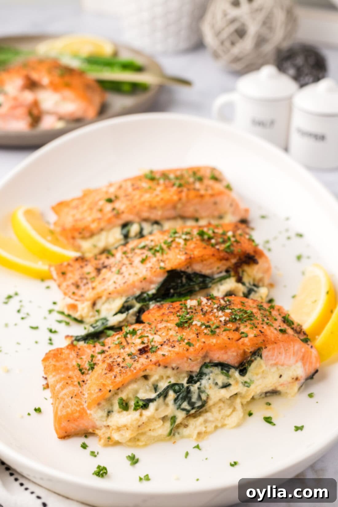 Exquisite Stuffed Salmon 2 Stuffed Salmon on a white platter with lemons