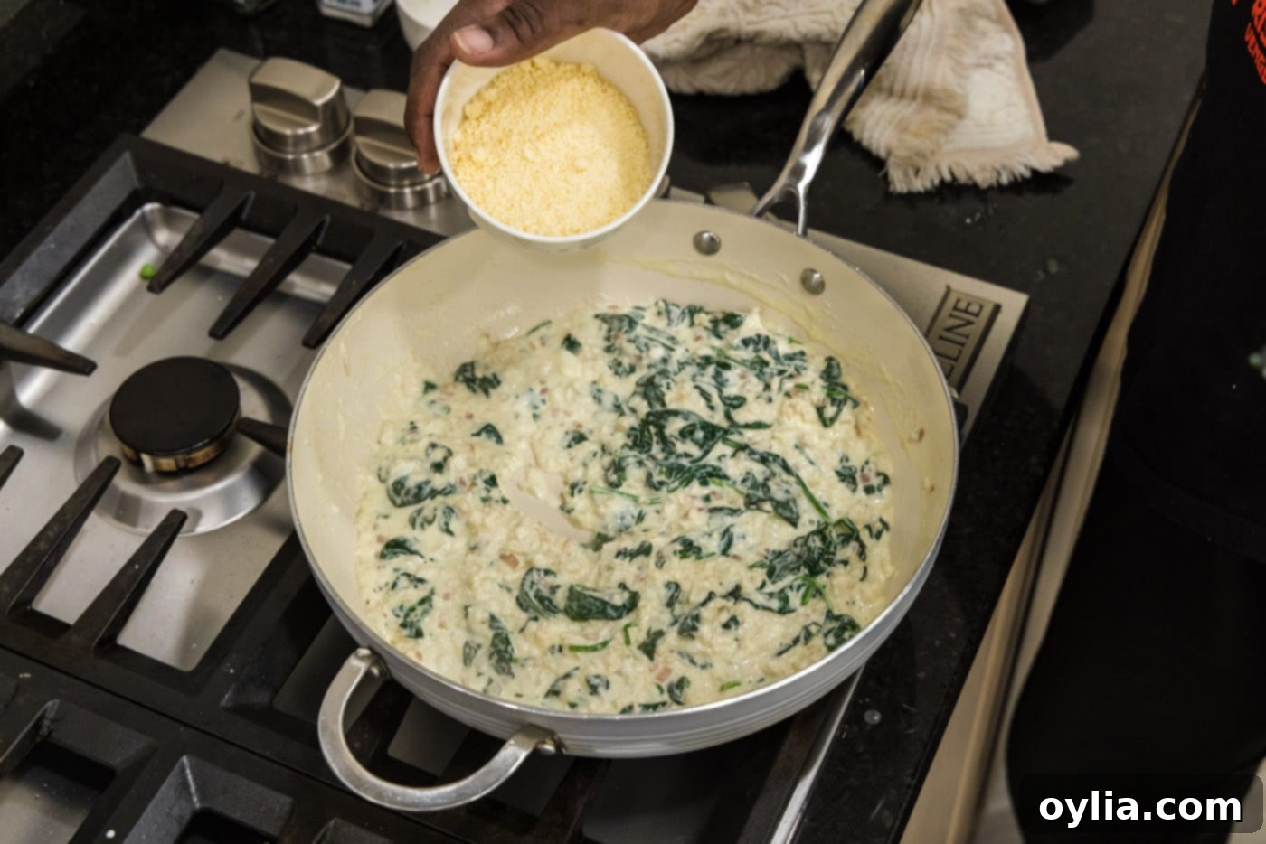 adding parmesan cheese to salmon stuffing in a skillet