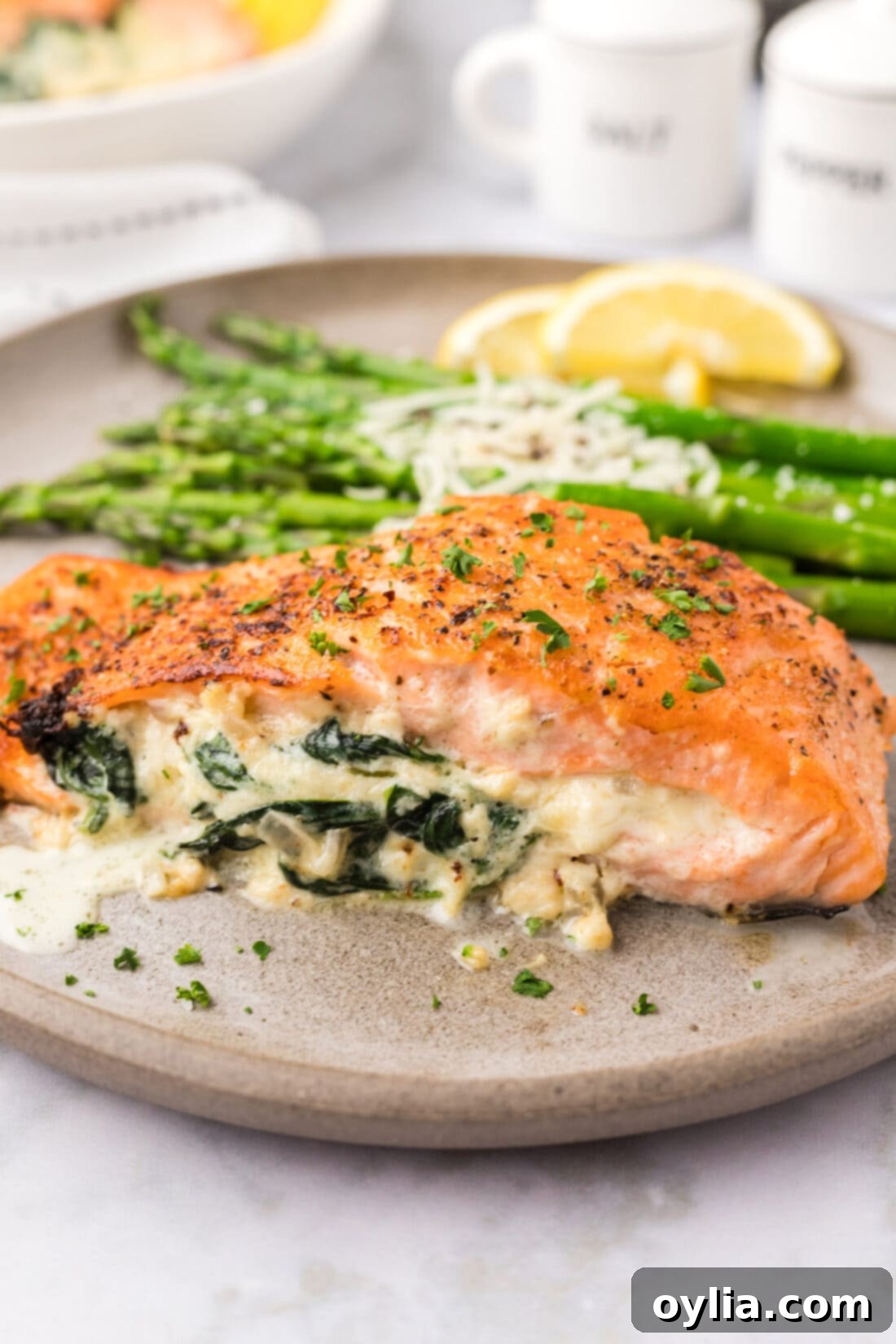 Exquisite Stuffed Salmon 3 Close up photo of Stuffed Salmon on a plate with asparagus