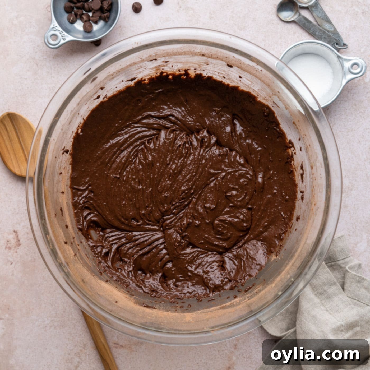brownie batter in a bowl after dry ingredients are mixed in