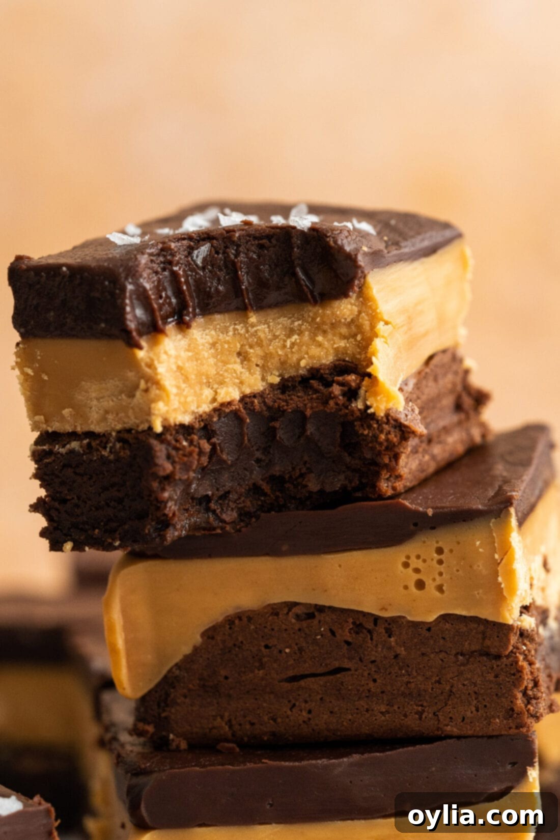 Ultimate Indulgence Brownies 21 Close up photo of a Millionaire Brownie with a bite taken out, showing the perfect layers