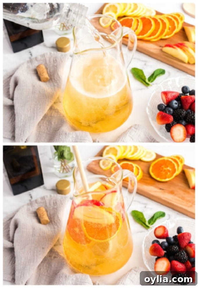 pouring wine and liqueur into a pitcher for sangria