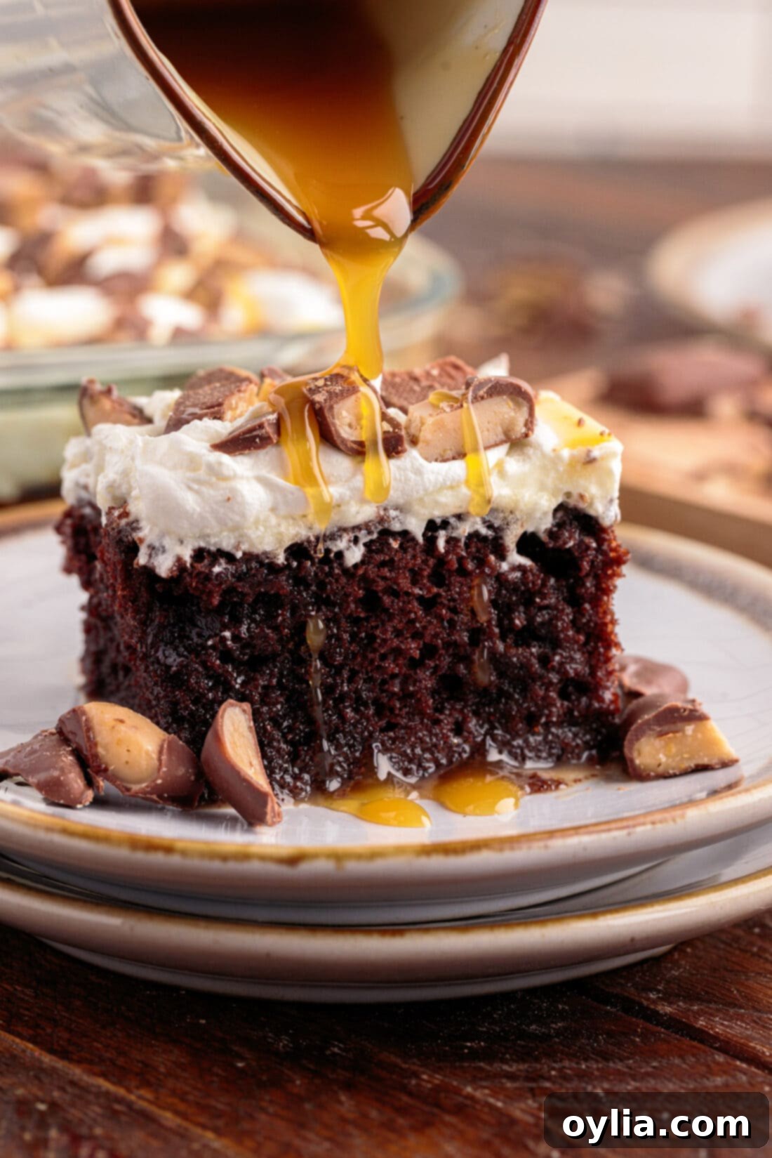 Close-up of caramel being drizzled artistically over a slice of Better Than Sex Cake, highlighting the rich layers.