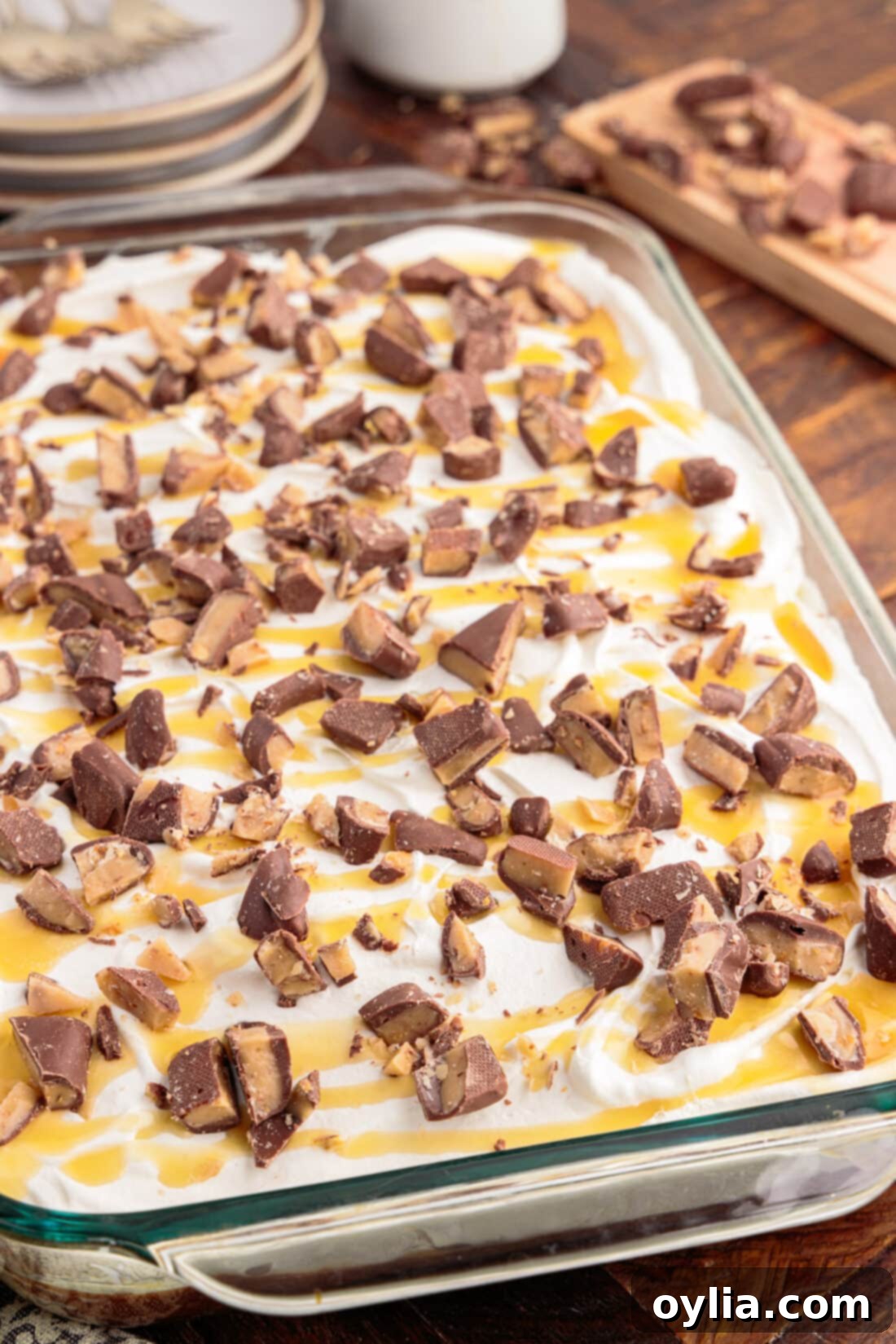 A full pan of Better Than Sex Cake, beautifully topped with whipped cream and toffee bits.