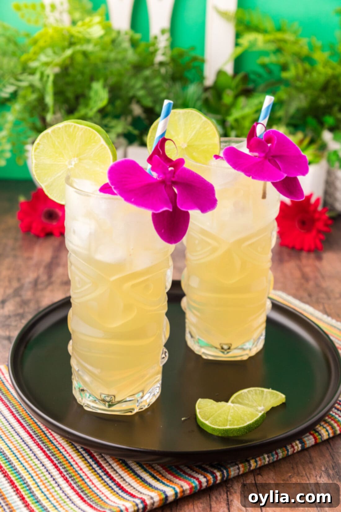 Two Jamaican Mules on a black tray with lime slices, exuding tropical vibes.