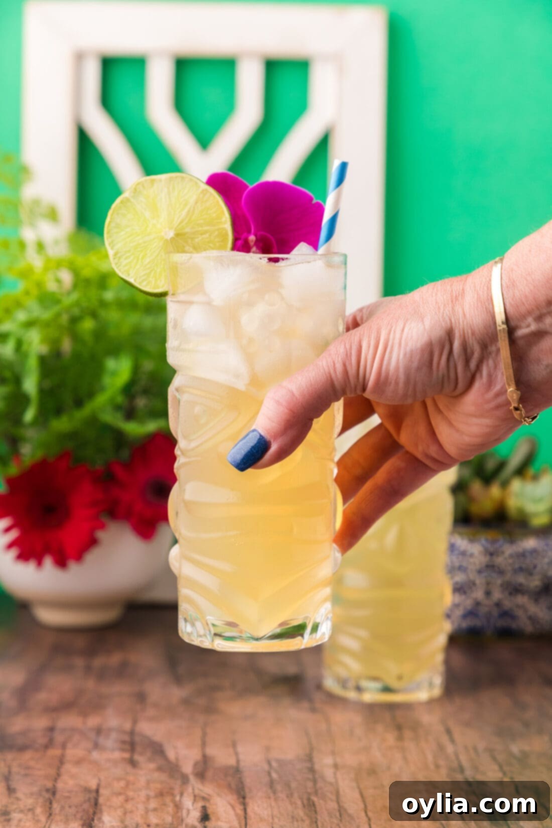 Hand holding a Jamaican Mule in the air, against a blurred tropical background.