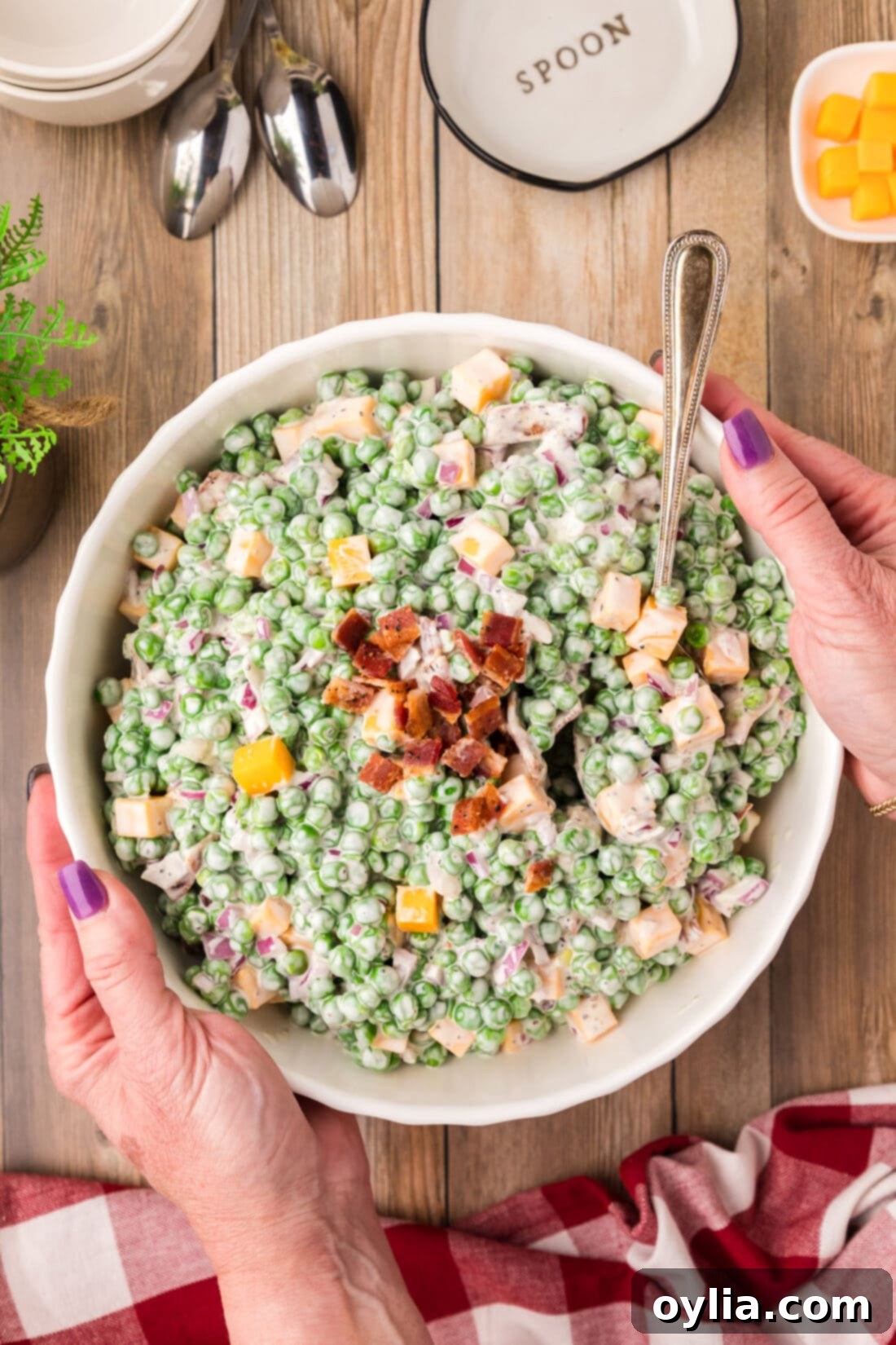 Hands gently holding a large white bowl filled with freshly made Classic Pea Salad, ready to be served