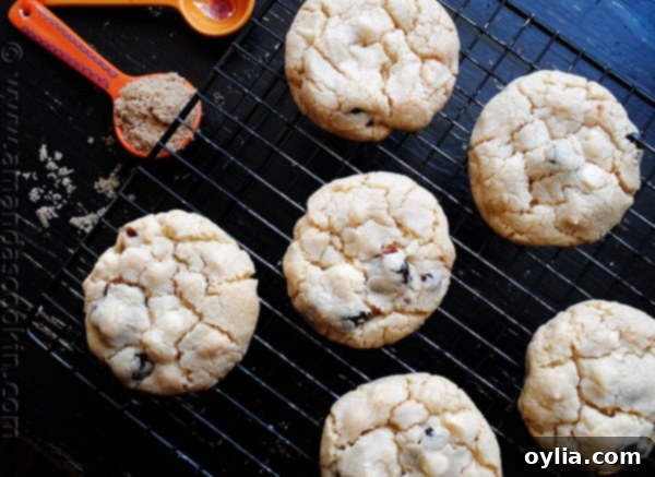 An overhead photo of cherry white chocolate chip cookies on a cooling rack.