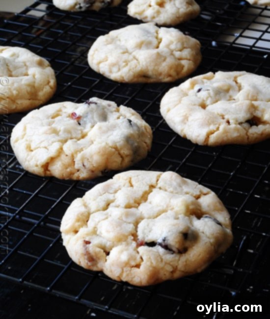 A close up photo of cherry white chocolate chip cookies resting on a cooling rack.