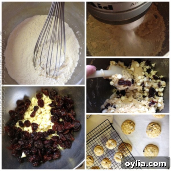Photos of the steps to make cherry white chocolate chip cookies.