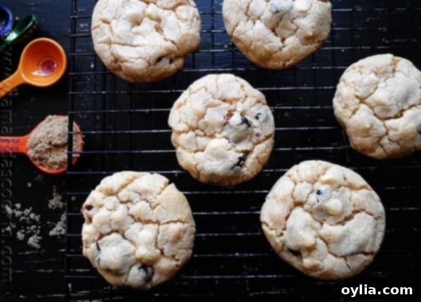 An overhead photo of cherry white chocolate chip cookies on a cooling rack.
