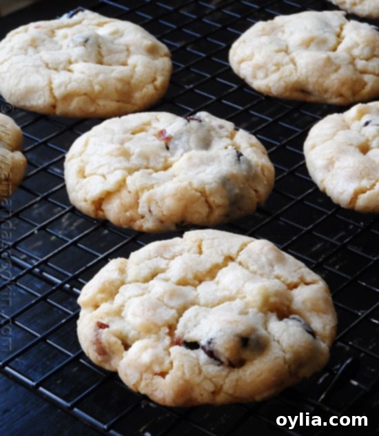 A close up photo of cherry white chocolate chip cookies on a cooling rack.