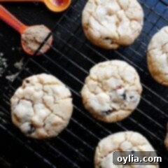 An overhead photo of cherry white chocolate chip cookies on a cooling rack.