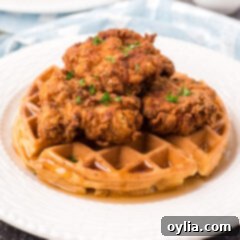 Close up photo of Chicken and Waffles on a plate