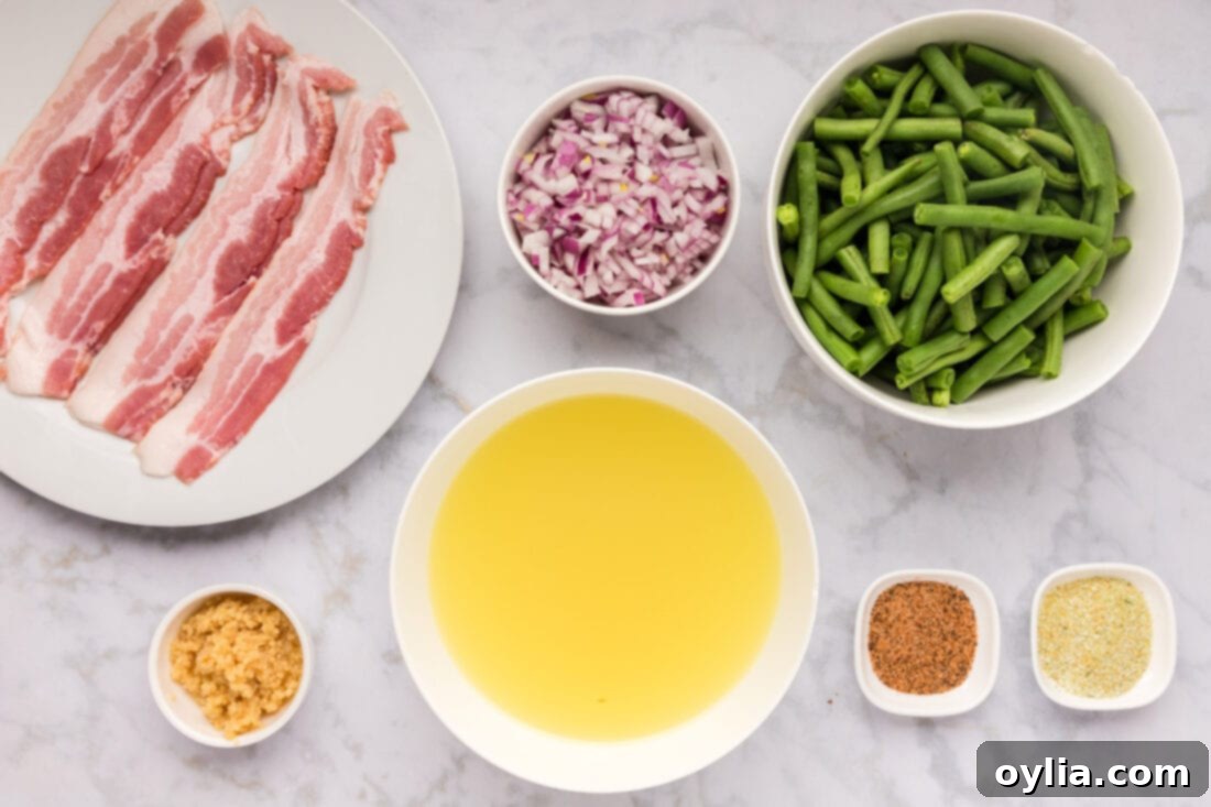 Southern Style Stewed Green Beans 4 Ingredients for Southern Green Beans including fresh beans, bacon, shallots, garlic, and seasoning