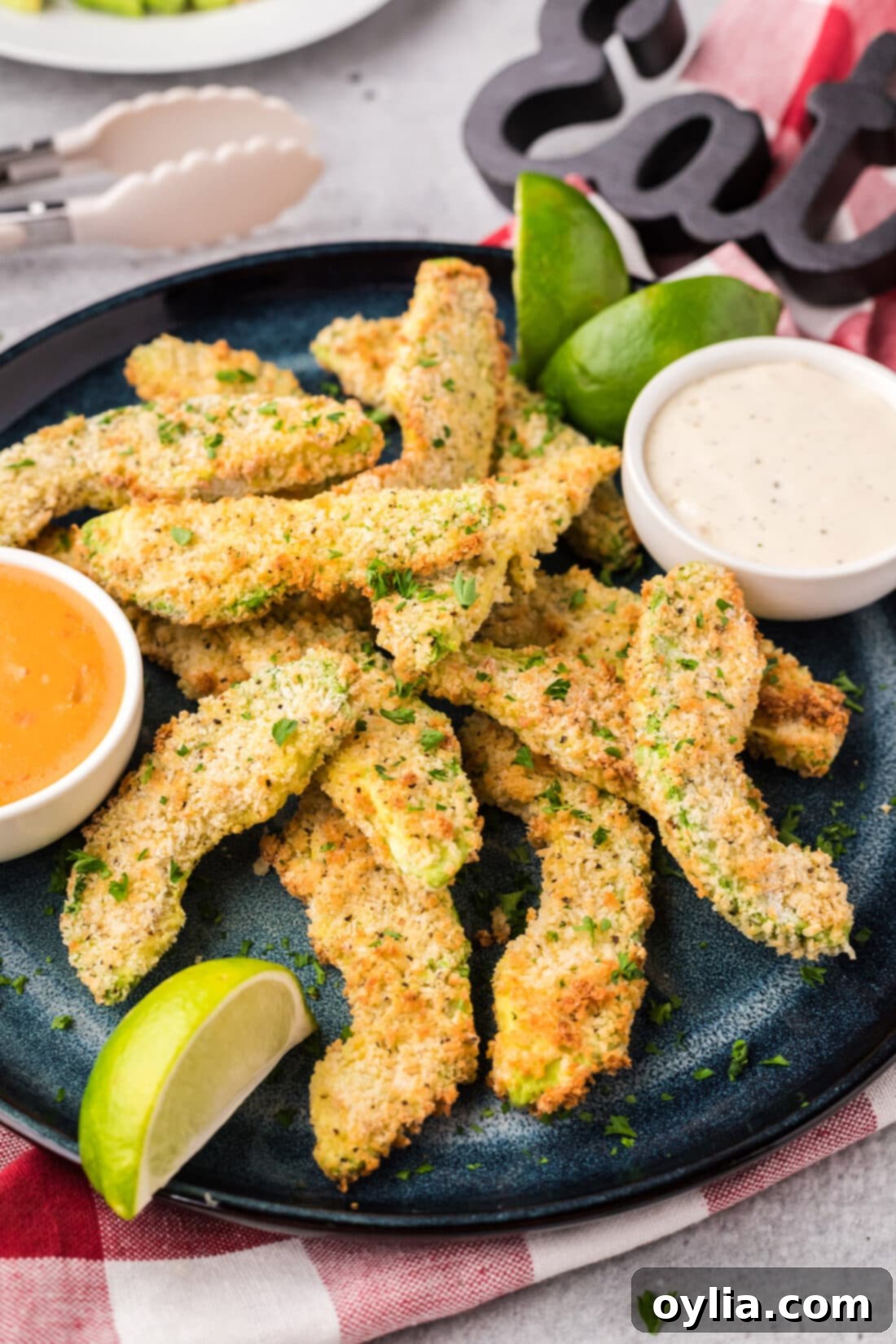 Close up photo of a plate of Air Fryer Avocado Fries, perfectly golden and crispy