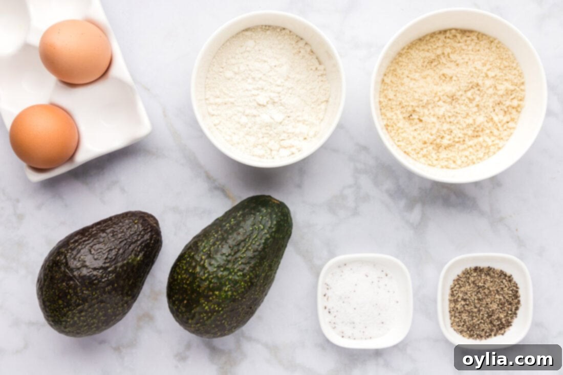 Ingredients for Air Fryer Avocado Fries including avocados, panko, flour, eggs, and seasonings
