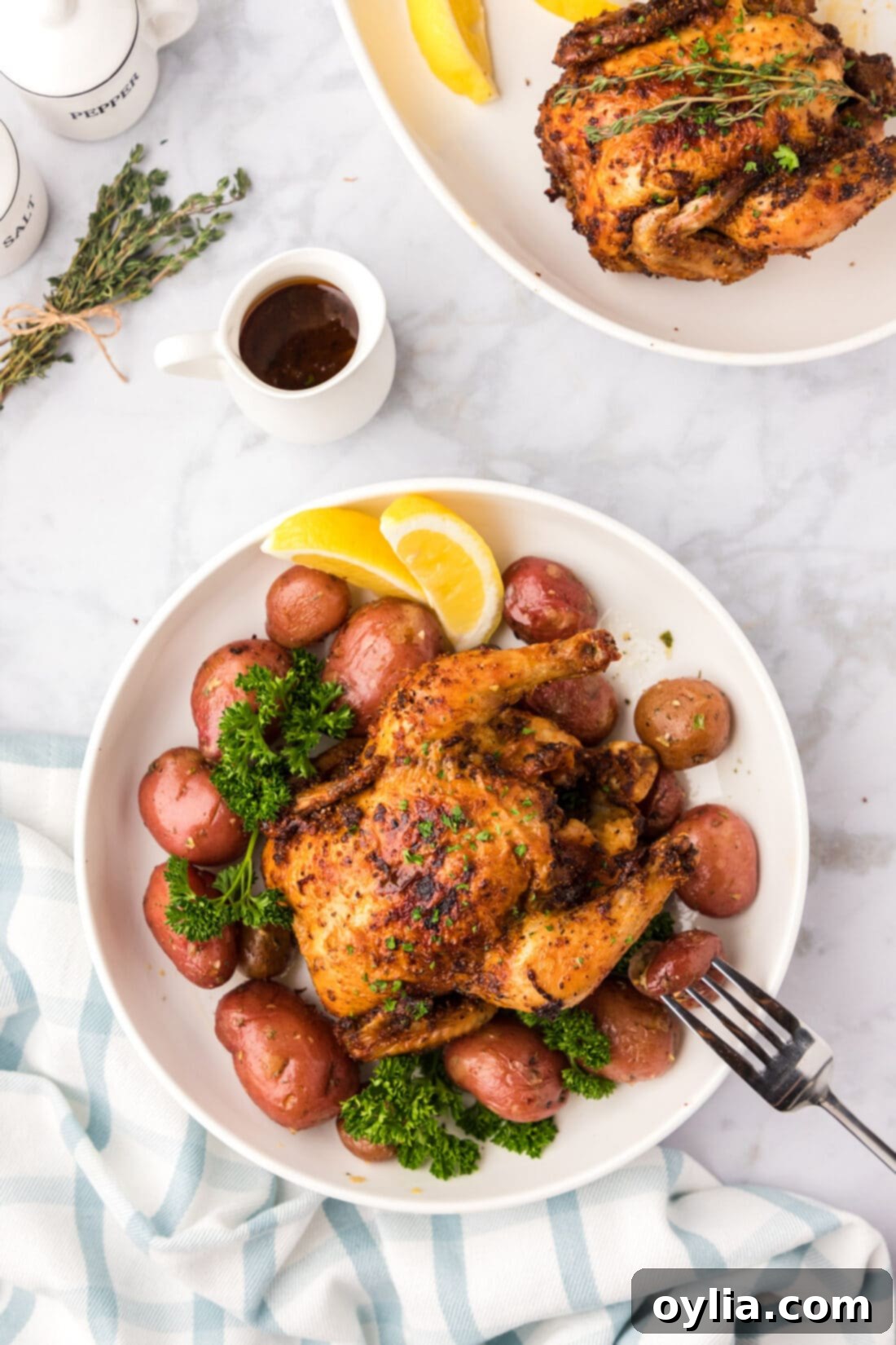 Air Fryer Cornish Hen on a bed of potatoes