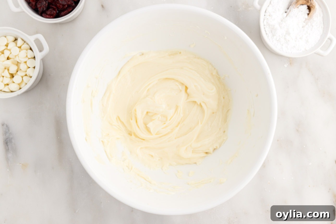 white chocolate cream cheese frosting in a bowl