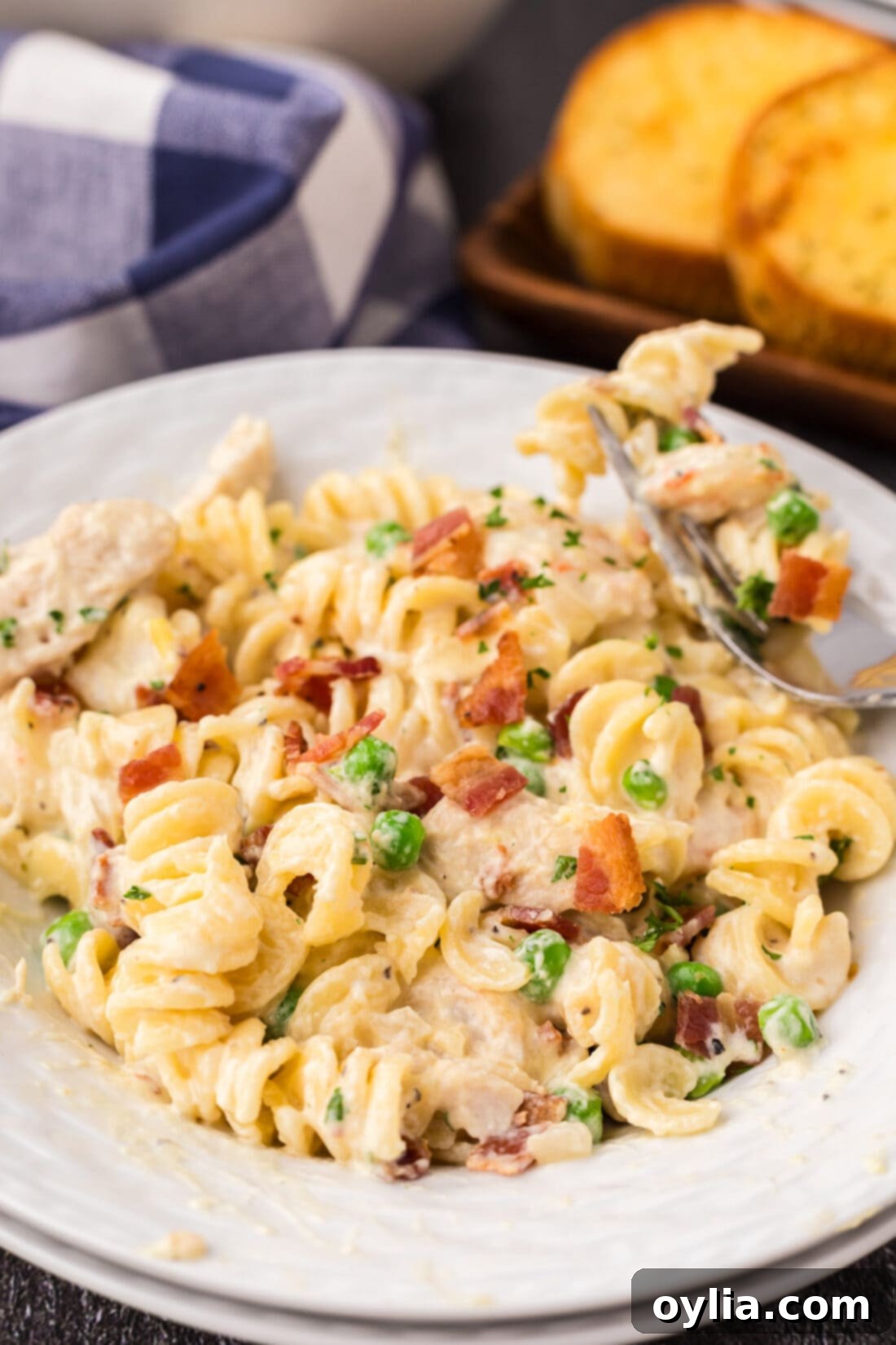 Close up photo of a bowl of Chicken and Shrimp Carbonara