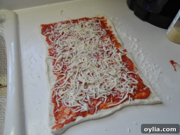 Pizza dough generously covered with pizza sauce, shredded mozzarella cheese, and sprinkled Parmesan cheese.