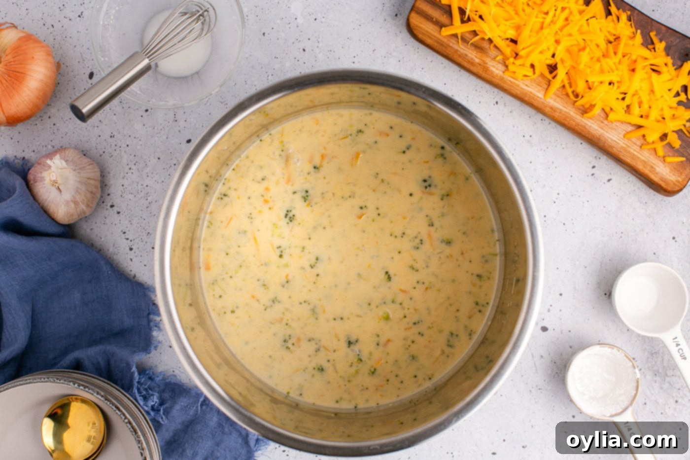 overhead shot of instant pot broccoli cheddar soup