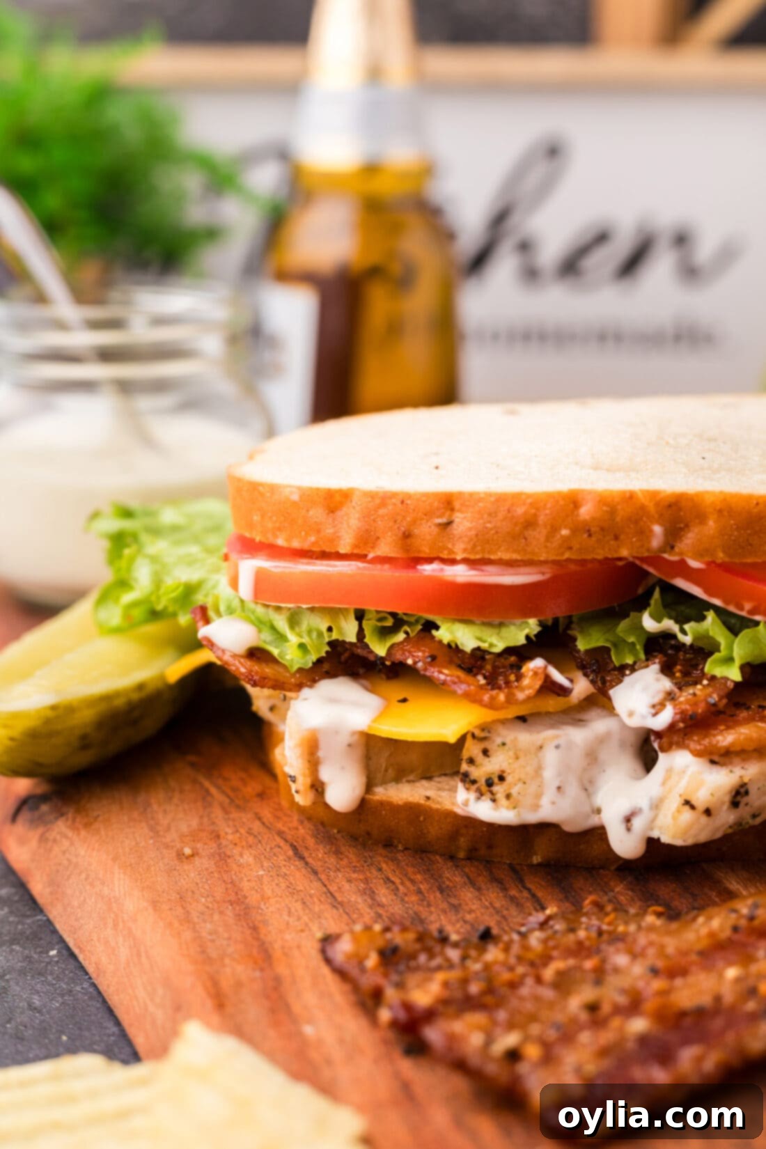 Close up photo of a Chicken Bacon Ranch Sandwich