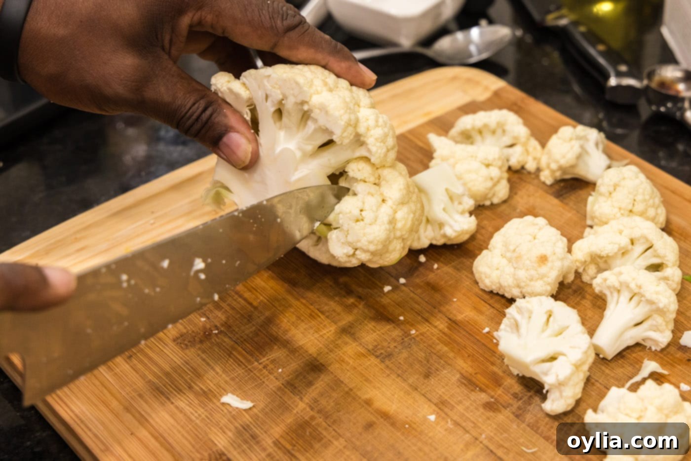 cutting cauliflower into florets