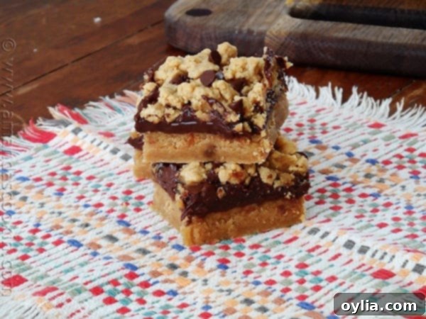 Two peanut butter chocolate layer bars stacked on top of each other. 
