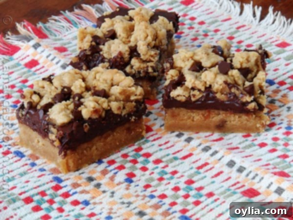 A photo of three peanut butter chocolate layer bars resting on a multicolored napkin.