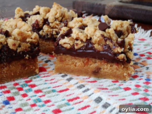 A close up photo of peanut butter chocolate layer bars resting on a multicolored napkin.