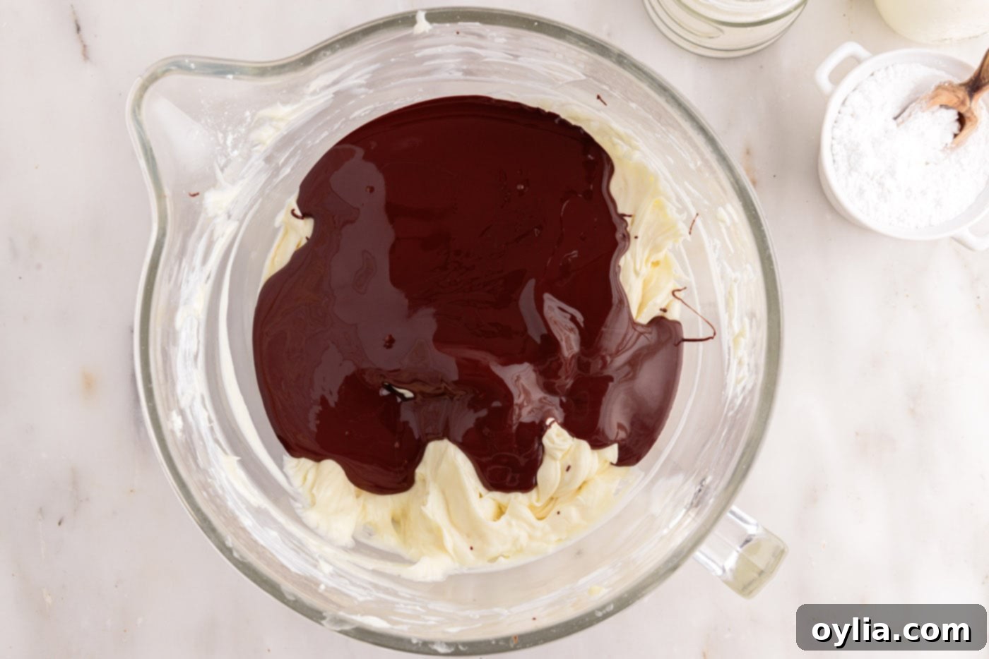 Cooled melted chocolate being poured into the creamy, vanilla-infused cheesecake mixture in a large mixing bowl, marking the start of its chocolate transformation.