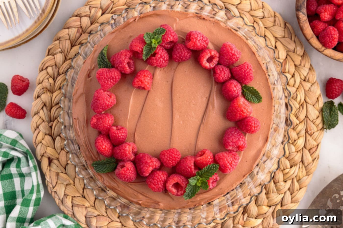 Fresh raspberries and a delicate sprig of mint elegantly placed on top of a perfectly set no-bake chocolate cheesecake, enhancing its visual appeal.