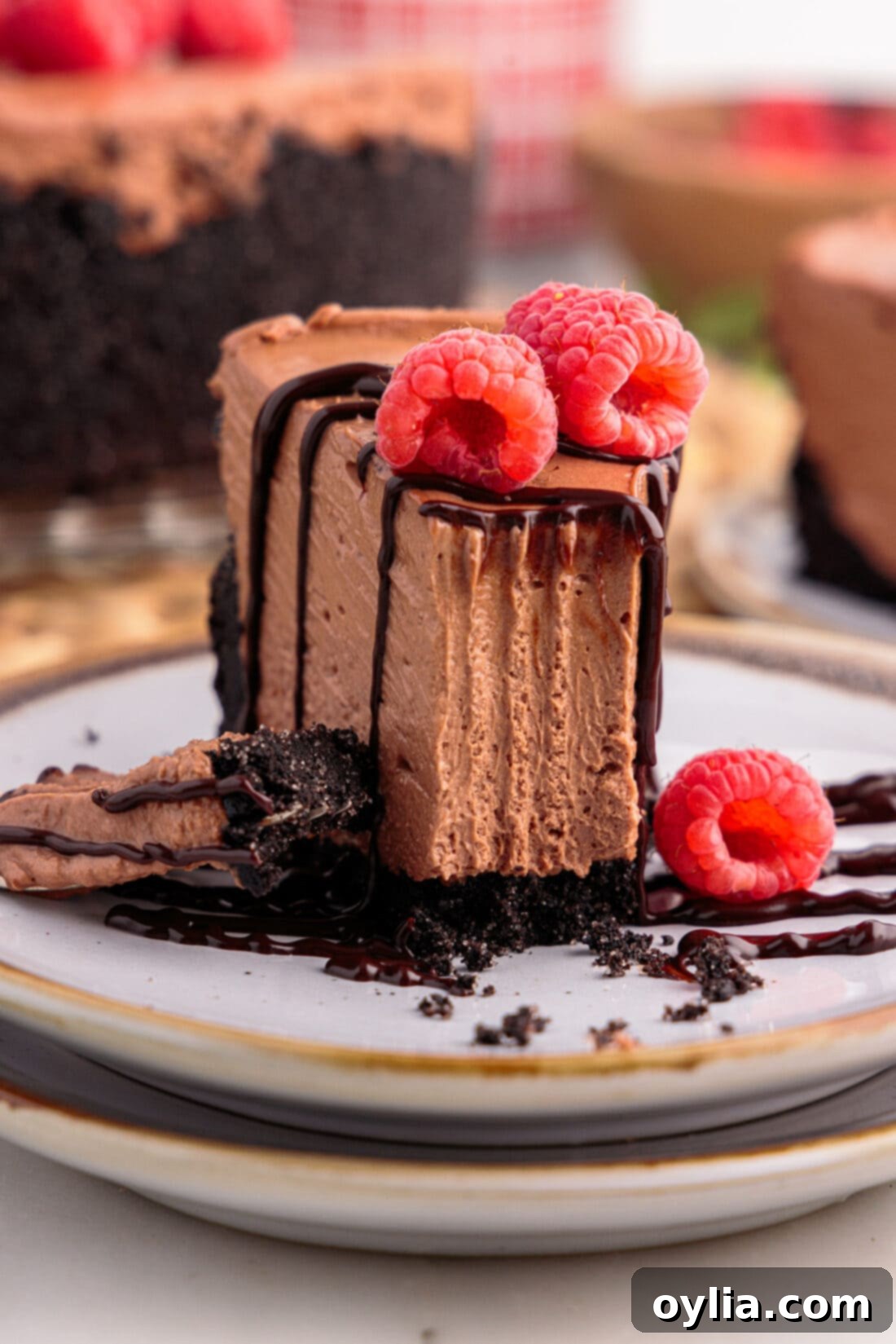 A delectable slice of No Bake Chocolate Cheesecake served on a white plate, with a fork having taken a perfect bite, highlighting the smooth, rich interior and crumbly crust.
