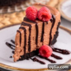 Slice of No Bake Chocolate Cheesecake on a plate drizzled with chocolate ganache, ready to be served.